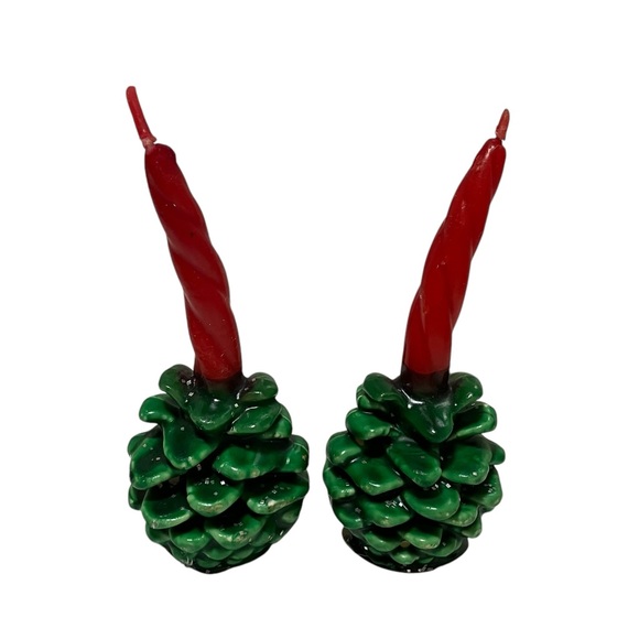 Vintage Gurley Green Pinecone Red Candle Christmas Candles Pair - Picture 3 of 5